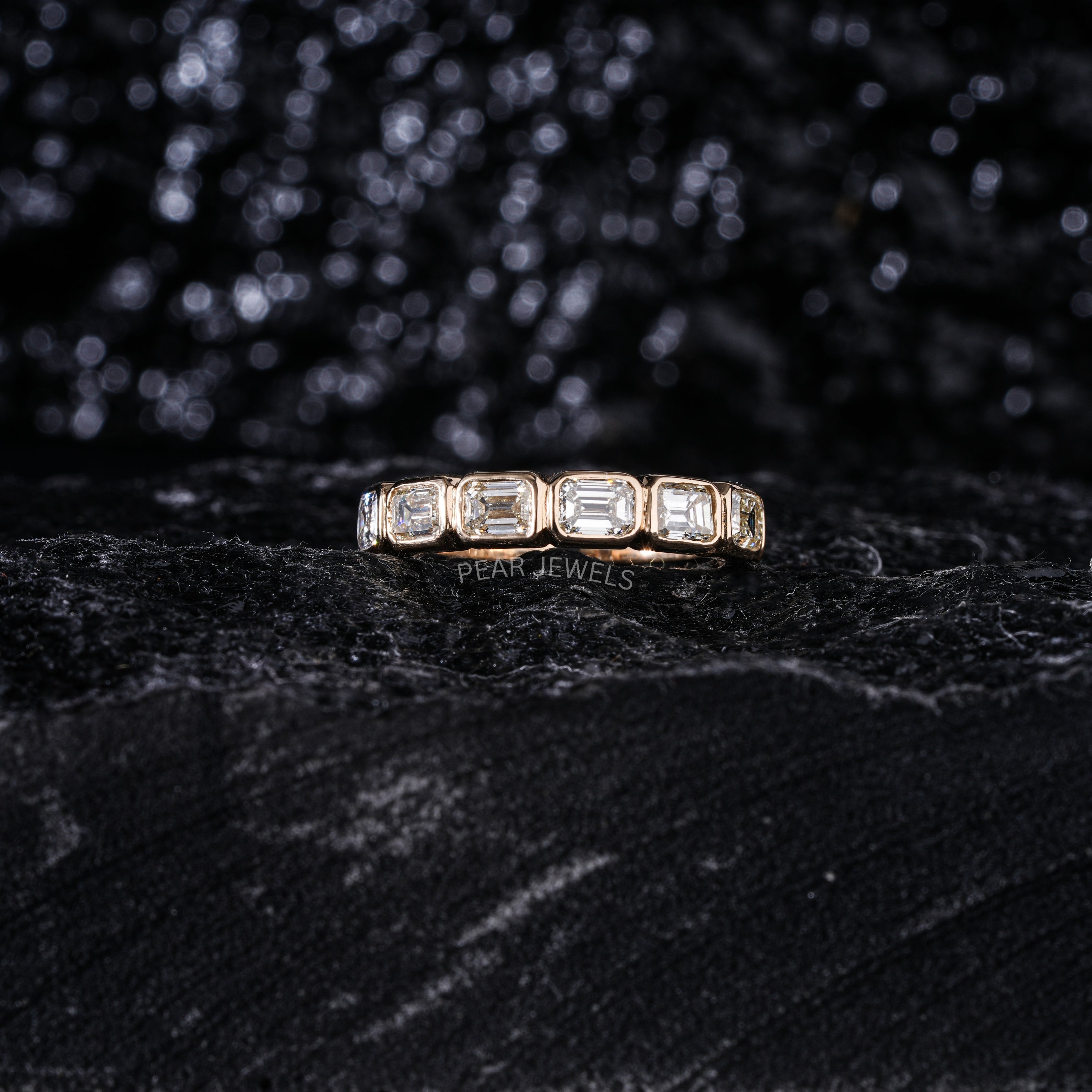 Seven Stone Emerald Bezel Setting Half Eternity Labgrown Diamond Band - Pear Jewels